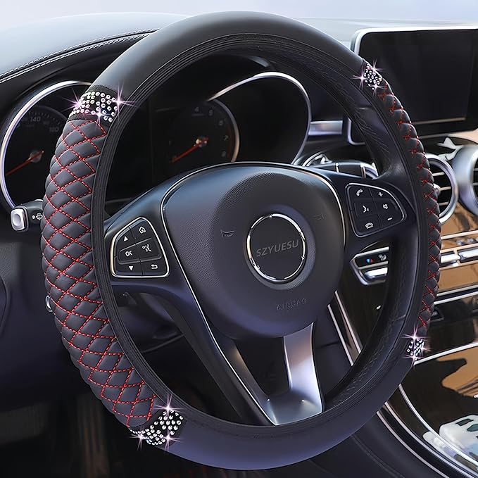 Bling Soft Leather Steering Wheel Cover 15 Inch with Sparkly Diamond Rhinestones for Women and Girls – Elastic Car Accessory for Most Cars (Red Line)