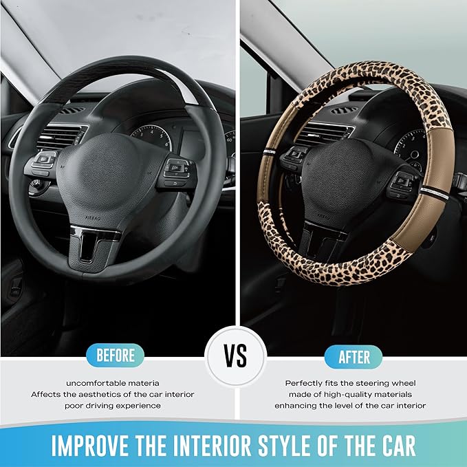 Road Comforts Leopard Steering Wheel Cover - Made with PVC Leather Cheetah Print - Anti-Slip, Universal Fit 14 1/2 inches to 15 inches - Beige