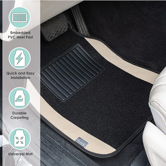 FH Group Automotive Floor Mats – Universal Fit Premium Carpet Car Mats with Driver Heel Pad, Full Set for Cars, SUVs & Trucks - Beige