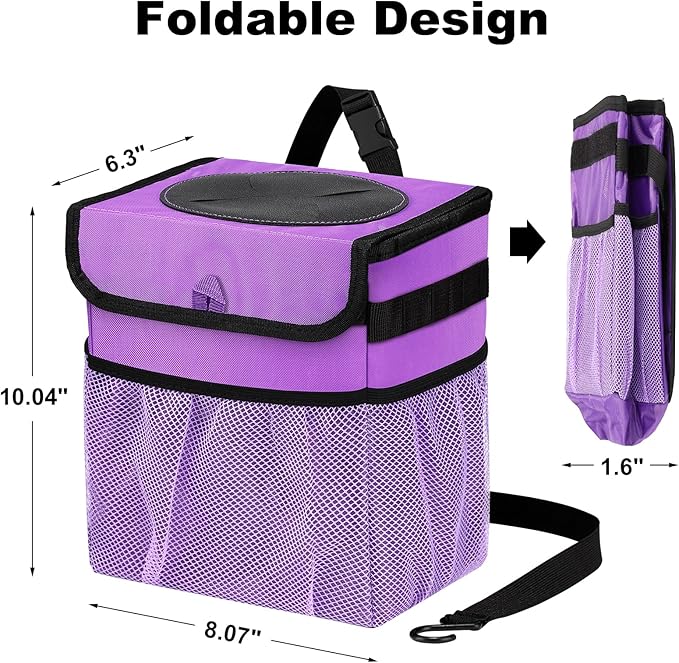 GPUSFAK Car Trash Can Foldable Garbage Bin Leakproof 2.3 Gallons Car Trash Bag Purple