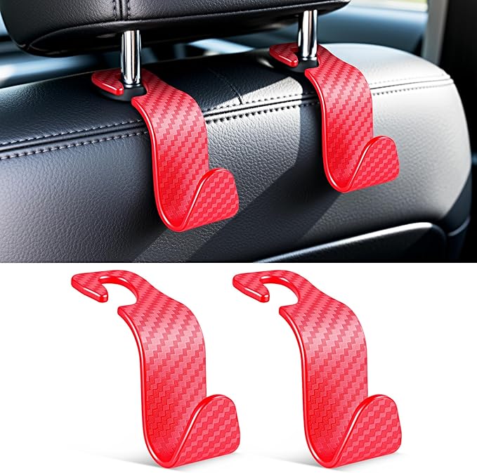 SINGARO Universal 2 Pack Car Seat Headrest Purse Hook, Carbon Fiber Back Seat Hook Storage Organizer Hanger for Purse Handbag Coat, Car Interior Accessories(Red)