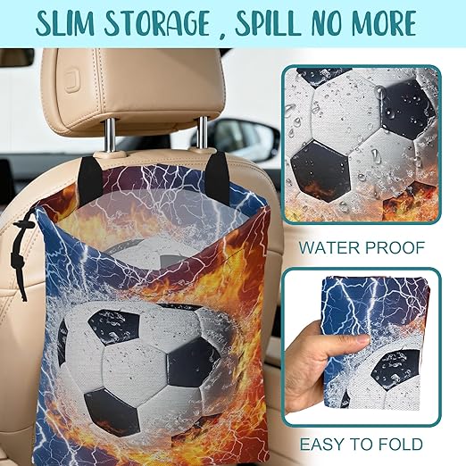 KXWQTRDD Car Garbage Bag Soccer Ball with Water and Fire Drawstring Car Trash Bag Hanging for Back Seat with Adjustable Buckle Canvas Vehicle Trash Can Easy-to-Install