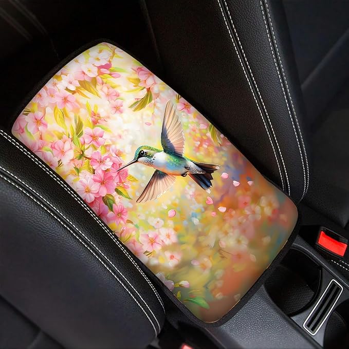 Hummingbird Cherry Blossom Car Center Console Cover,Auto Armrest Storage Box Mat Universal for Most Vehicle,SUV,Truck,Cars