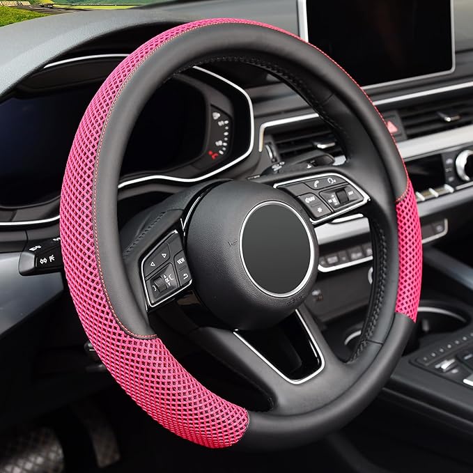 KAFEEK 15 inch Steering Wheel Cover, Cooling Ice Silk Mesh with Microfiber Leather, Heat Resistant, Breathable, Anti-Slip, Summer Cool, Universal Fit, Black & Red