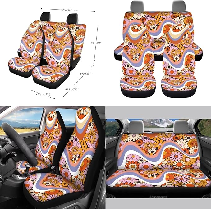 10 PCS Car Interior Accessories Sets for Women, Daisy Stripe Printed Comfortable Breathable Car Front and Back Seat Protector with Steering Wheel Cover Trash Can Coaster, Universal Fits