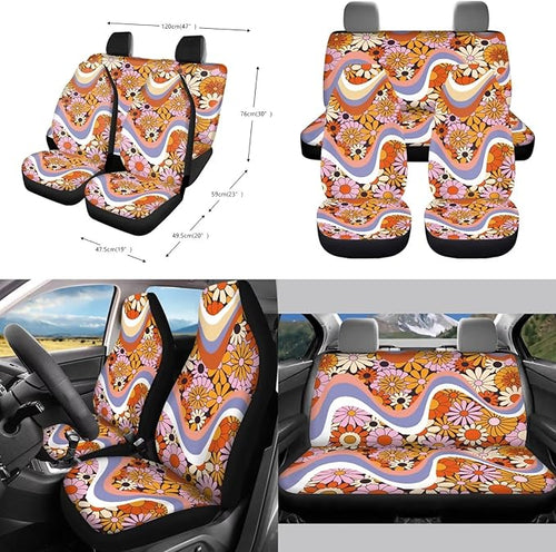 10 PCS Car Interior Accessories Sets for Women, Daisy Stripe Printed Comfortable Breathable Car Front and Back Seat Protector with Steering Wheel Cover Trash Can Coaster, Universal Fits