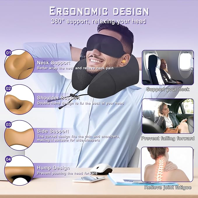 Phent zari Neck Travel Pillow, Upgraded Memory Foam Pillow for Airplane, Machine Washable, Adjustable Flight Pillow, Suitable for Sleeping Airplane, Car, Office and Home (Black)