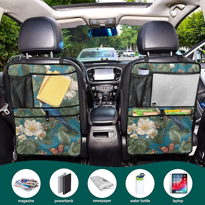 2 Pack Back Seat Car Organizer with Storage Pockets Kick Mats Back Seat Protector Hanging Car Organizer Automotive Seat Back Cover Organizers Vintage Blue Bird Flowers Butterflies