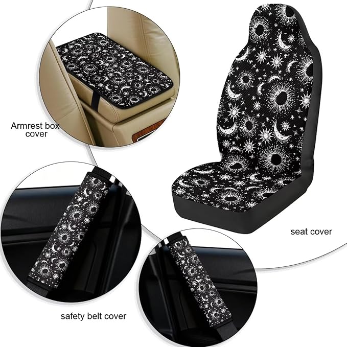 Qeluxign PU Leather Car Seat Covers Set - Sun Moon Star-Includes 2 Seat Protectors, 2 Shoulder Pad Covers, 1 Armrest Cover for Car Decoration