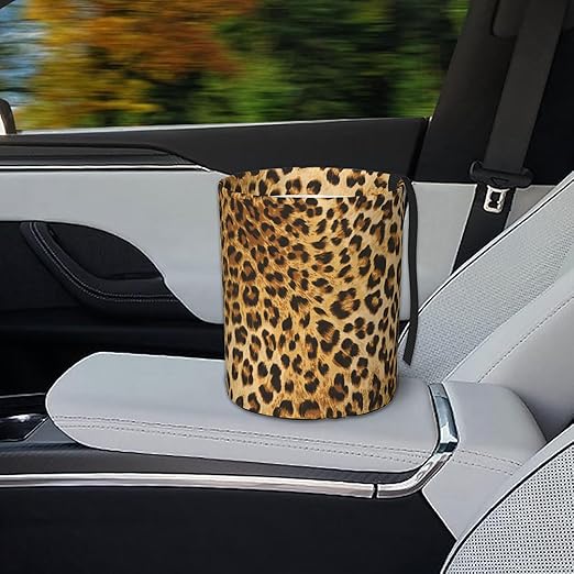 KXWQTRDD Car Garbage Bag Brown Leopard Mini Car Trash Bin Portable Collapsible Waterproof Rubbish Bag for Car Accessories Back Front Seat Cup Holder