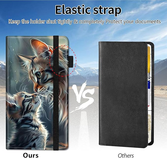 Qindaiwen Car Registration and Insurance Holder, Vehicle Card Document Elastic Band Closure Glove Box Organizer, Driver License Cards, Car Accessories for Essential Info, Two Cats 02