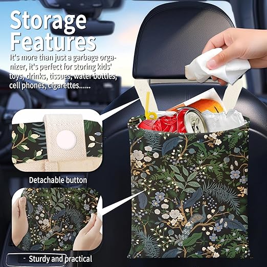 BEAKND Hanging Car Garbage Bag, Cute Car Trash Can Bag, Automotive Accessories for Women Men Cute Green Peacock