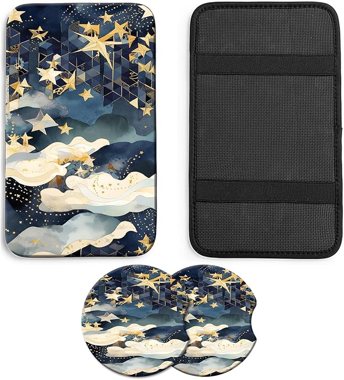 JANENFNA Car Armrest Cover Pads Universal Fashion Cute Auto Center Console Armrest Cover Pad with 2PCS Car Coasters Soft Waterproof Car Armrest Seat Protector for Women,Stars and Clouds