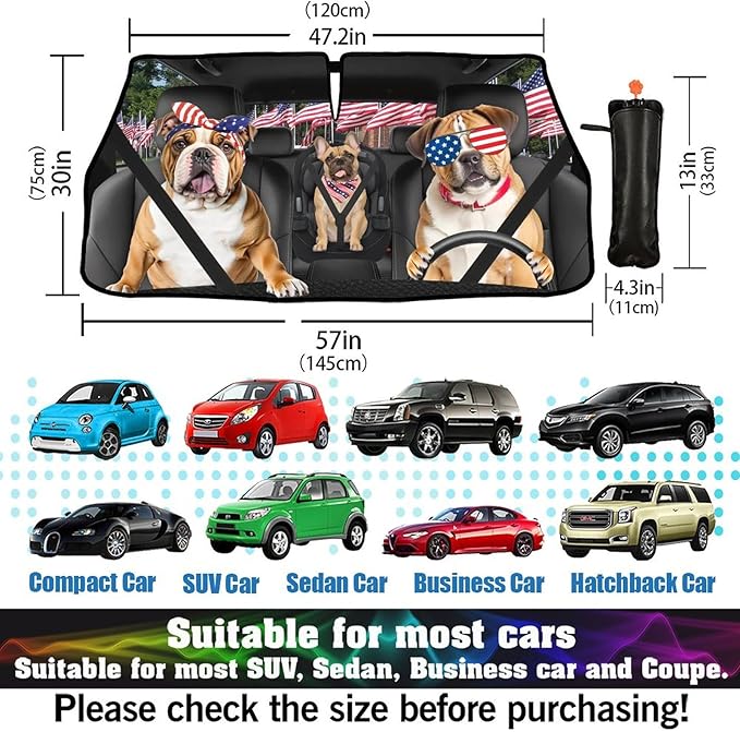 DOPINDU American Flag Car Windshield Sun Shade Umbrella Bendable Handle Foldable Funny Bulldog Sunshade for Car Windshield Block UV Rays Keep Vehicle Cool for Most Sedans SUV Trucks Cars 57"x30"