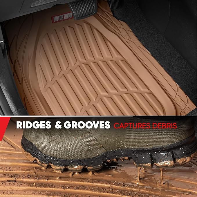 Motor Trend Original FlexTough Beige Rubber Car Floor Mats for 3 Row Vehicles, Front & Rear 2nd Row Deep Dish All Weather Automotive Heavy Duty Trim to Fit, Automotive Liners for Cars Truck Van SUV