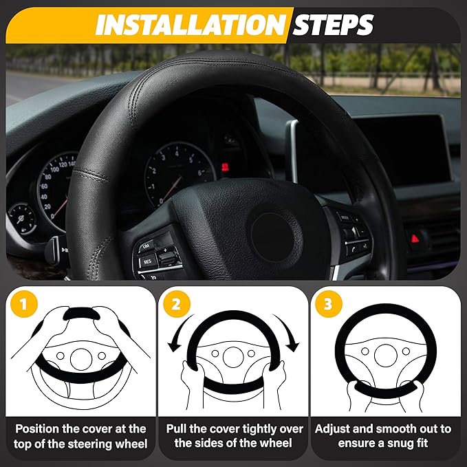 EcoNour Car Steering Wheel Cover | Premium & Durable PU Leather with Anti-Slip Design | Universal Fit 14.5" - 15" Steering Wheel Cover | Car and Truck Accessories - Black