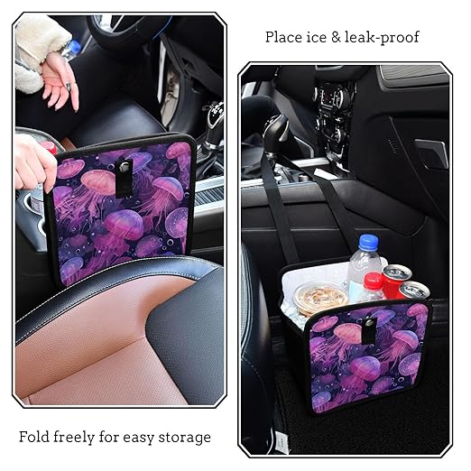 Car Trash Can Organizer Bin with Adjustable Strap for Back Front Seat Console Waterproof Leakproof Collapsible Portable 8.66 Inch Jellyfishes and Bubbles Pink