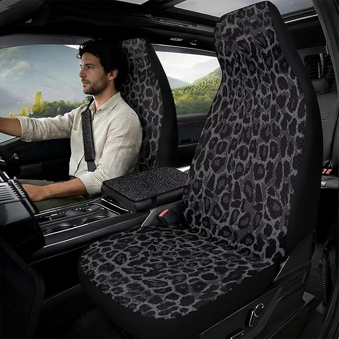 Qeluxign Leopard Print Car Seat Covers 2 Front Seats Universal Fit Center Console Protector Auto Seat Belt Cover Against Stains, Spills, Dust Car Interior Accessories 5 Piece Set