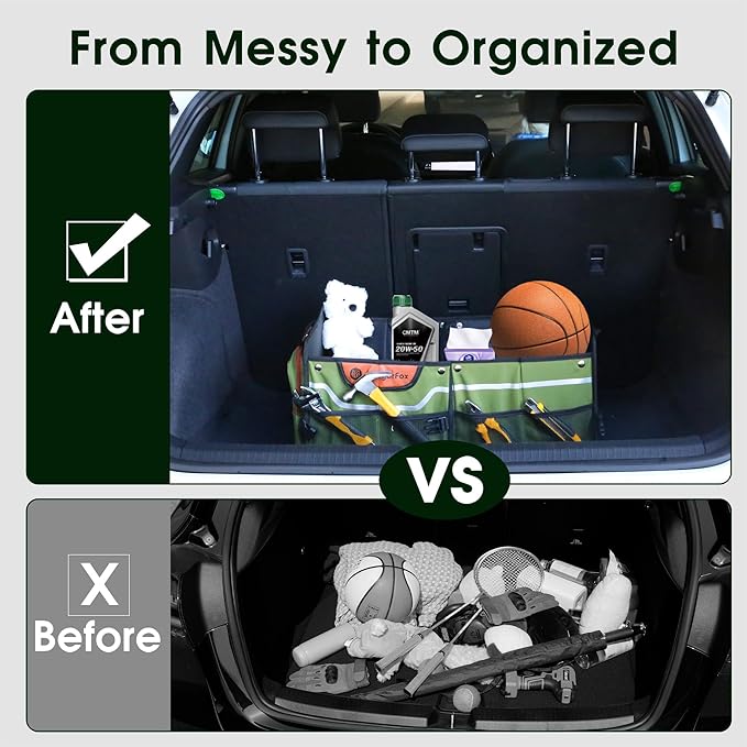 SugarFox Car Trunk Organizer for SUV, 70L Heavy Duty Waterproof Trunk Organizer, Foldable Vehicle Organizer with Anti-Slip Base, 24”x13.8”x11.8”, GREEN-M003