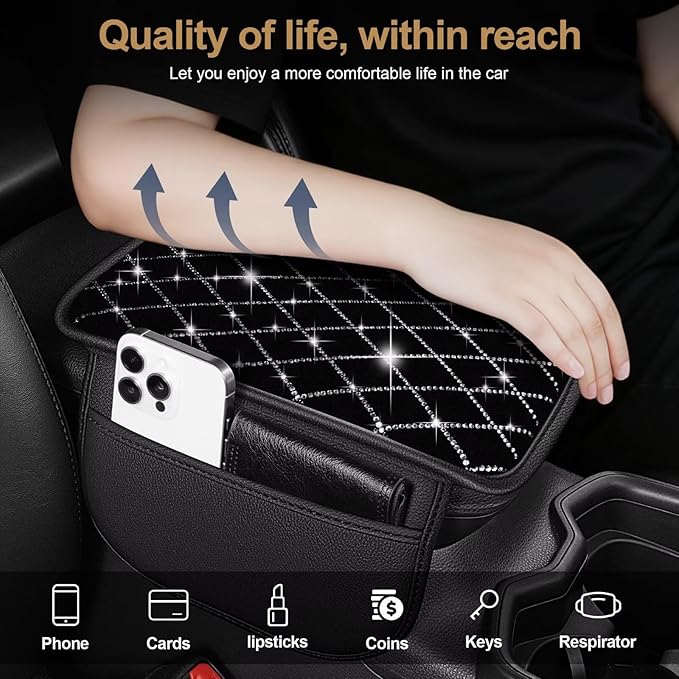 YORKNEIC Console Cover Fit for Lincoln MKC Bling Car Center Console Cover: Crystal Rhinestone Car Armrest Cushion Diamond Middle Console Cover