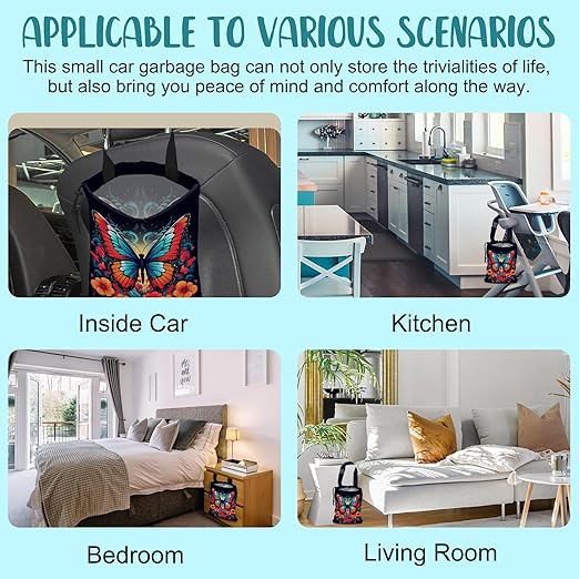 KXWQTRDD Car Garbage Bag Colorful Butterfly with Flowers Hanging Canvas Car Trash Bag Waterproof Drawstring Car Back Seat Organizer for Car Back Front Seat Console with Adjustable Buckle