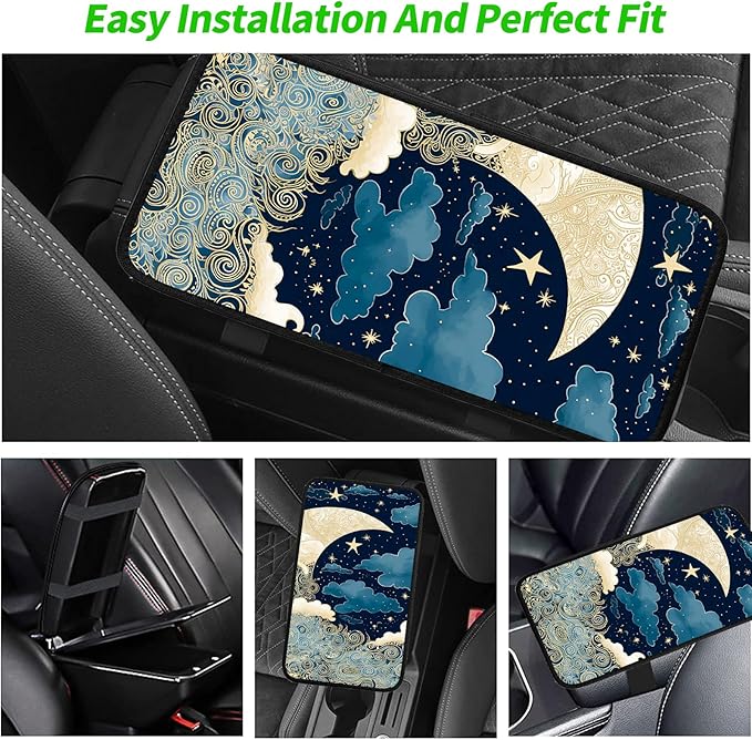 JANENFNA Car Armrest Cover Pads Universal Fashion Cute Auto Center Console Armrest Cover Pad with 2PCS Car Coasters Soft Waterproof Car Armrest Seat Protector for Women,Blue Gold Moon Stars