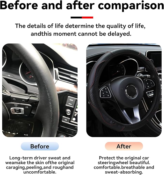 Car Steering Wheel Cover, 15 inch Carbon Fiber Microfiber PU Leather Elastic Steering Wheel Protector for Men Women, Anti-Slip Breathable Car Interior Accessories for Most Cars (Black)
