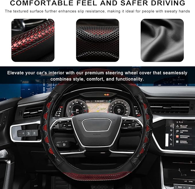 Car Steering Wheel Cover, 15 Inches Leather Comfy Grip Steering Wheel Protector with 3D Honeycomb, Anti-Slip D-Shaped Wheel Wrap Cover for Most Vehicles, Car Accessories (Red)