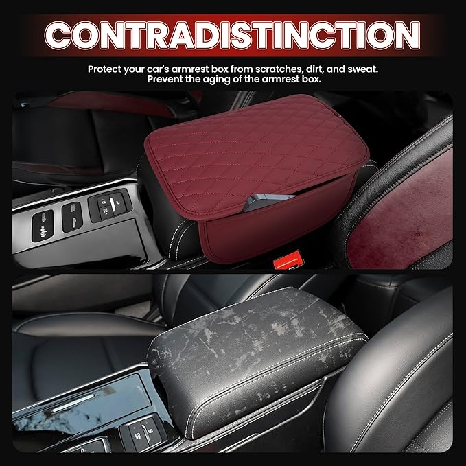 DSCARCovers Upgraded Car Center Console Cover,Microfiber Leather Car Armrest Cover Cushion with 2 Storage Bags,Universal Car Armrest Storage Box Car Interior Accessories for Most Vehicles (Wine red)