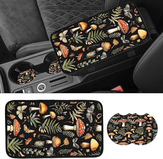 JANENFNA Car Armrest Cover Pads Universal Fashion Cute Auto Center Console Armrest Cover Pad with 2PCS Car Coasters Soft Waterproof Car Armrest Seat Protector for Women,Mushroom Insect Grass