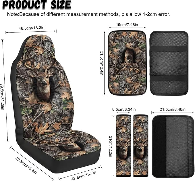 Qeluxign 5 Piece Car Seat Covers Full Set for Men Women Camouflage Deer Head PU Leather Front Seats Cover Auto Seatbelt Shoulder Pads Vehicle Center Console Armrest Cover