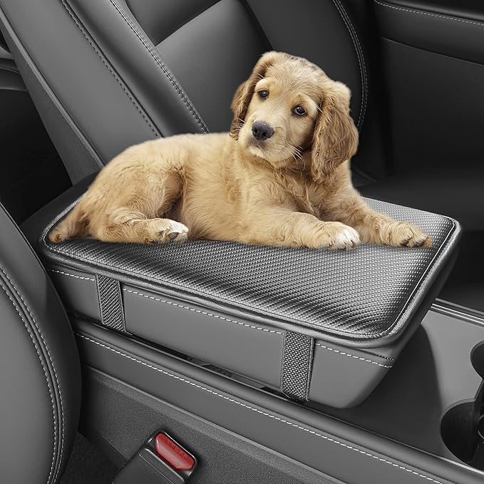 HighnessHwoo Car Armrest Covers, Vehicle Center Console Cover, Middle Storage Pads, Dog & Cat Paws Protetor, Carbon Fiber PU Leather, Waterproof, Anti-Slip, Auto Interior Accessories, Black, Size S