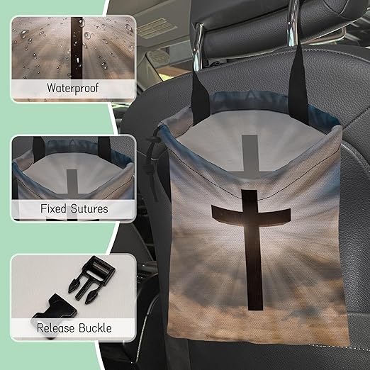 NHNXHWIA Jesus Christ Cross Car Trash Bag,Hanging Drawstring Car Garbage Bag,Waterproof Canvas Car Back Seat Organizer with Adjustable Buckle,for Vehicles,SUVs,Camping,Road Trips