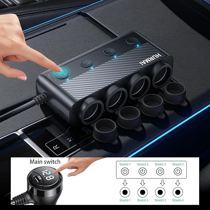 12V Car Heavy Duty Truck Cigarette Lighter Plug USB Charger Multi Port Car Plug Outlet Splitter with LED Voltage Display Independent Switches
