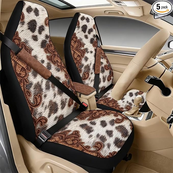Psesaysky 5 PCS Car Accessories Interior Set for Men Women, Brown Cowhide Front Auto Seats Protectors with Seatbelt Pads, Middle Storage Organizer Pads
