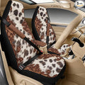 Psesaysky 5 PCS Car Accessories Interior Set for Men Women, Brown Cowhide Front Auto Seats Protectors with Seatbelt Pads, Middle Storage Organizer Pads
