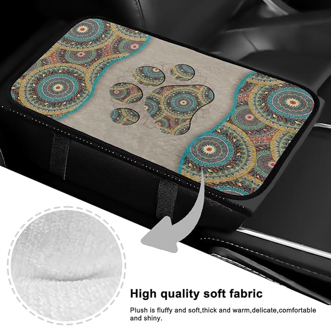Bulopur Boho Dog Paw Prints Auto Armrest Console Accessories Flannel Center Console Cover Warmth Car Console Covers Protect from Pet Claws Fit Most Car, Truck, SUV, or Van