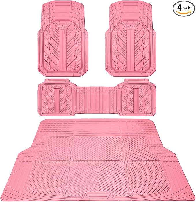 CAR PASS Floor Mats for Cars M-L Size, Heavy Duty Rubber Floor Mats with Trunk Cargo Liner, Universal Trim-to Fit Automotive Floor mats for Truck Van SUV Waterproof All Weather Car Mats All Pink