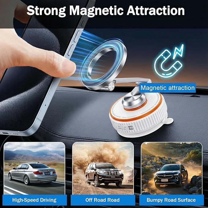 makecatch Vacuum Magnetic Car Phone Mount, 120+ LB Vacuum Suction & 3000gf Magnetic Force, 360° Triple-Axis Adjustable Car Holder for iPhone & All Phones, Twist-Lock Suction Cup, Quick-Release – White
