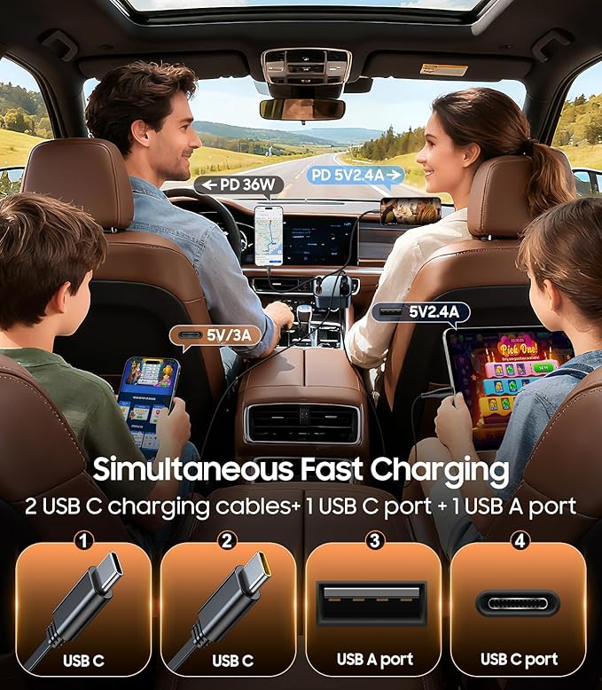 Temdan Retractable Car Charger, 4 in 1 Fast Charger USB C Car Truck Accessories, Travel Essentials for Christmas Day Gifts for Women Men, Car Accessories for iPhone 17 Pro Max Air 16 15 14 Plus,Galaxy