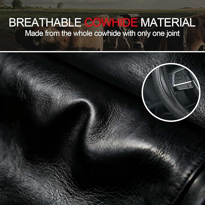 KAFEEK Genuine Leather Steering Wheel Cover 15 inches, Pure Cowhide Steering Wheel Cover Men Women, Car Accessories for Car SUV Truck, Black