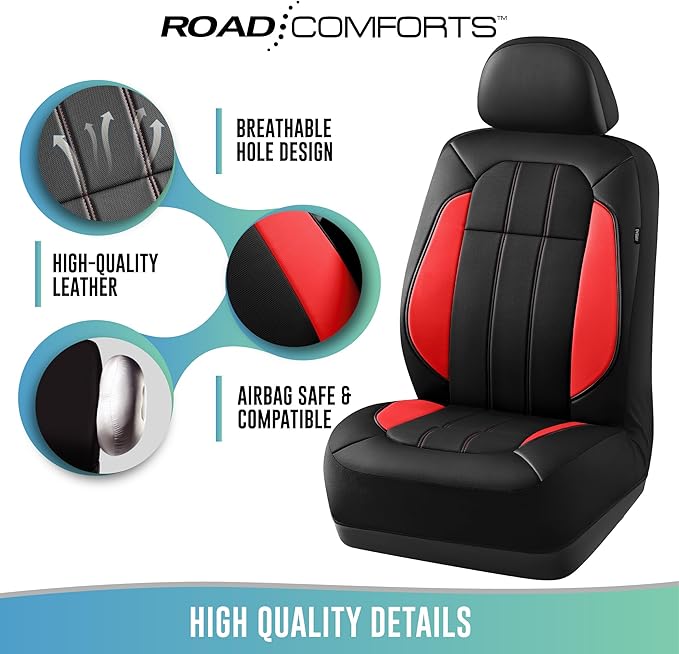 Road Comforts Car Seat Covers, Breathable Leather Seat Covers, Car Seat Covers Full Sets Airbag Compatible, Automotive Seat Covers for Most Cars, Vans, Trucks, SUV - Red