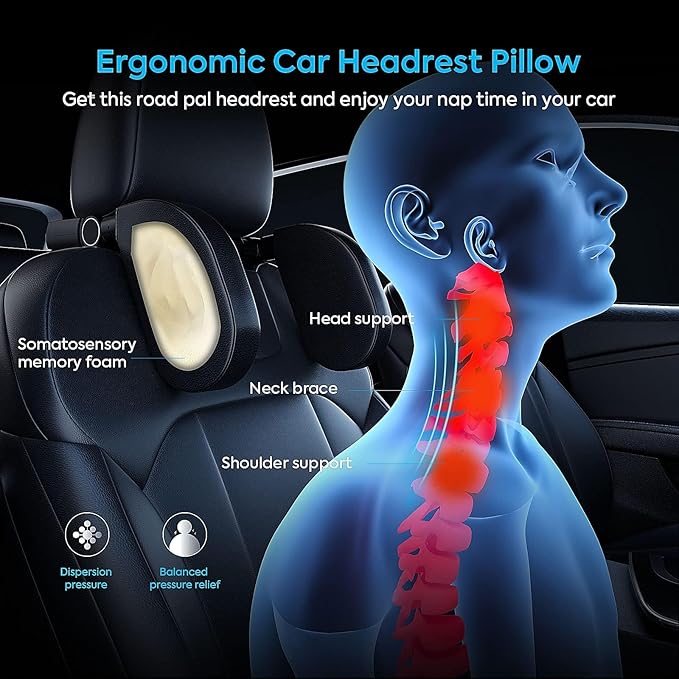 Car Lumbar Support Pillow and Car Neck Pillow for Nissan Note Tiida Wingroad NV200, Ergonomic Memory Foam Car Seat Headrest & Lumbar Cushion with Adjustable Strap Neck and Back Pain Relief Cushion