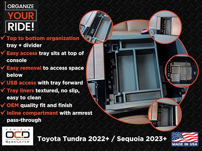 Vehicle OCD - Center Console Divider and Tray Organizer for Toyota Tundra (2022-2026) / Sequoia (2023-2026) – Made in USA - NOT compatible with center console safe - SLX513