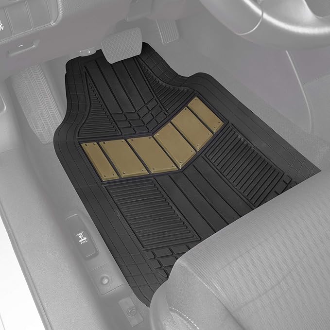 BDK Beige Heavy Duty Front & Rear Rubber Floor Mats Universal Liners for Car SUV Van & Truck, All Weather Protection with Anti-Slip Nibs, Fit Contours of Most Vehicles