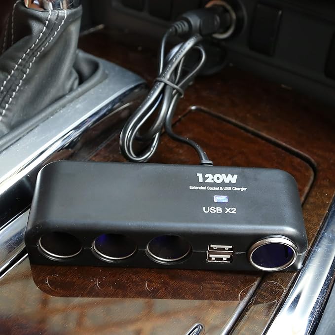 4 Way Car Charger Splitter Power Adapter with Multi Socket Dual USB 12V-24V Plug Charger for iPhone iPad Samsung GPS Dashcam