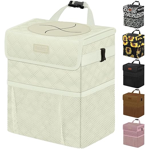 Vankor White Car Trash Can Cute, White Car Accessories for Women Waterproof Automotive Garbage Cans Leak Proof Vehicle Trash Can Diamond Pattern-Beige