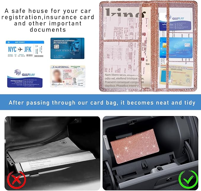 Ziciner Car Registration and Insurance Holder, Auto Card Document Glove Box Organizer with Magnetic Closure, Universal Vehicle Interior Accessories for Cars SUVs (Rose Golden-Large)