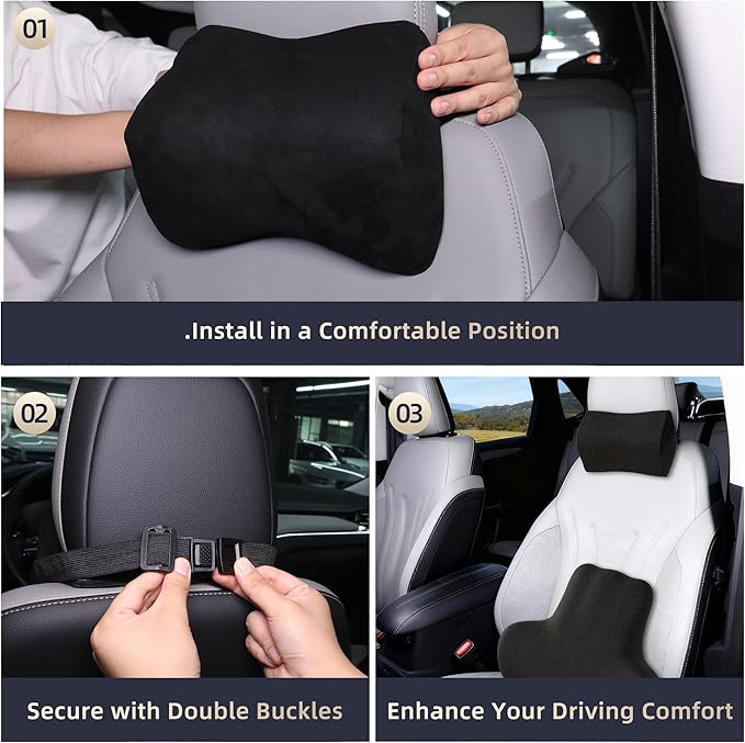 Car Neck & Lumbar Support Pillow Set for Tesla Model 3, Ergonomic Soft Memory Foam Headrest & Back Cushion, Adjustable Straps for Secure Fit, Comfortable for Daily Driving and Long Trips, Suede Cover