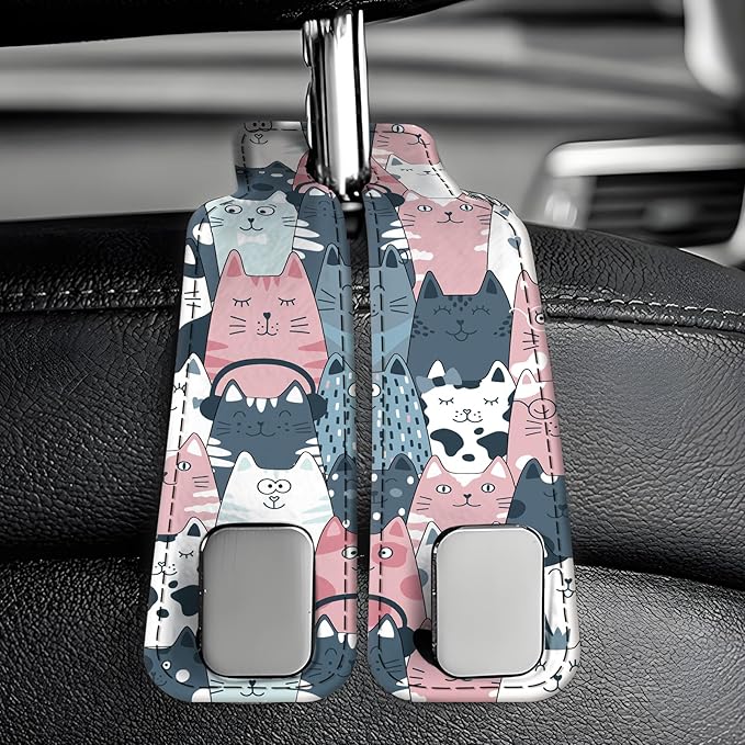 AXBSAKDI Car Seat Back Storage Headrest Hook, Premium Leather Double Metal Hook, Hanger Storage Organizer for Purse Cloth Bag, Car Interior Accessories Cute Funny Cats